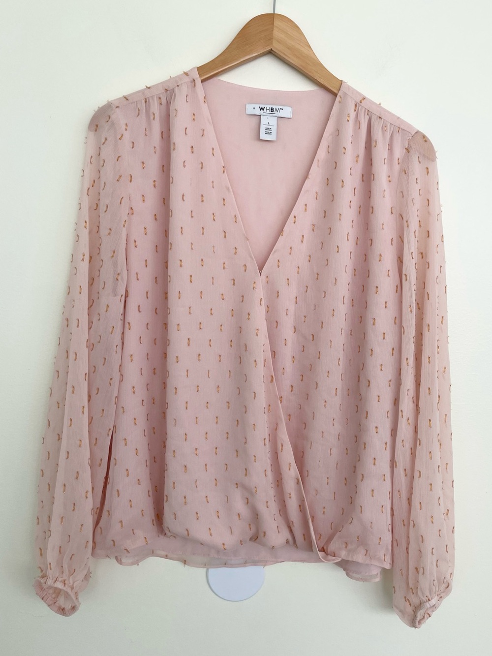 White House Black Market Ling Sleeve Vneck Blouson Hem Pink Gold Top L Large
